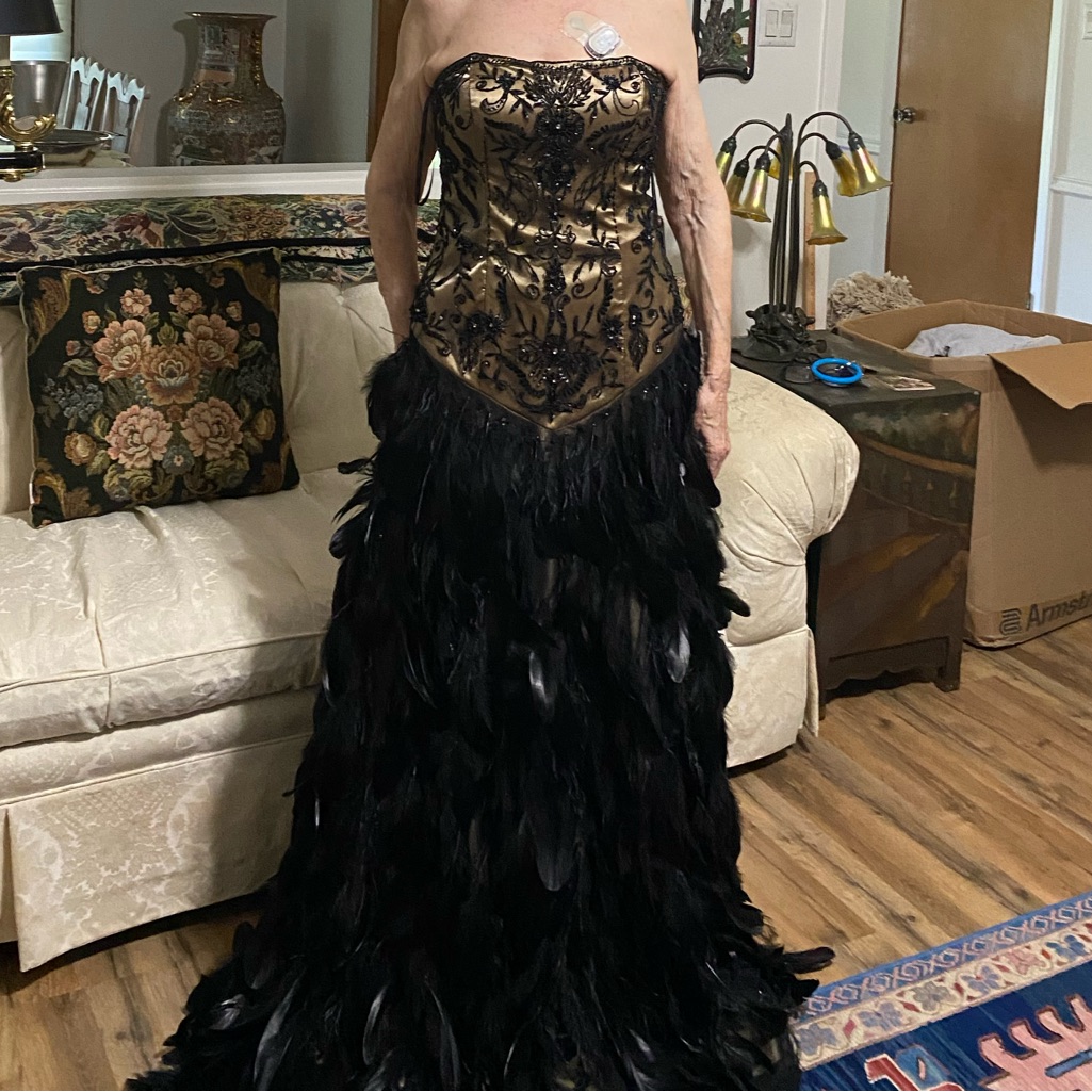 Sue Wong Strapless Black And Gold Feather Dress Nwt